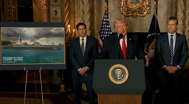 Video capture taken from a White House broadcast of US President Donald Trump (center) during an announcement alongside Secretary of State Marco Rubio (left) and Secretary of War Peter Hegset on Monday from his residence in Mar-a-Lago in Palm Beach, Florida (USA). Dec. 22, 2025. EFE/White House