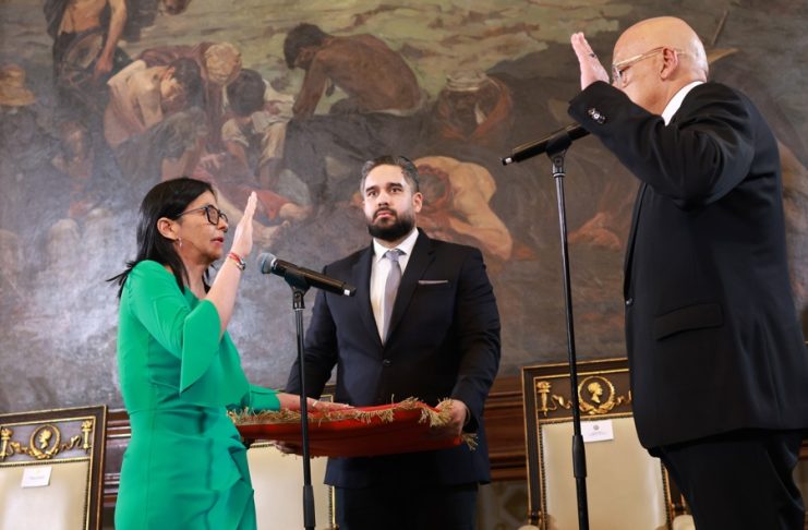 Handout photo made available by Miraflores Palace shows Venezuela's Vice President Delcy Rodriguez (L) being sworn in as the country's acting president in Caracas, Venezuela, 05 January 2026. EFE/EPA/MIRAFLORES