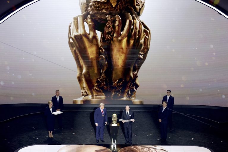 US President Donald Trump (L) receives the FIFA Peace Prize from FIFA President Gianni Infantino during the FIFA World Cup 2026 Final Draw at the Kennedy Center in Washington DC, USA, 05 December 2025. EFE-EPA/SHAWN THEW/FILE