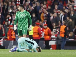 Sporting's Maximiliano Araujo says a prayer during the UEFA Champions League match of Athletic Club against Sporting CP, in Bilbao, Spain, 28 January 2026. EFE/EPA/Miguel Tona