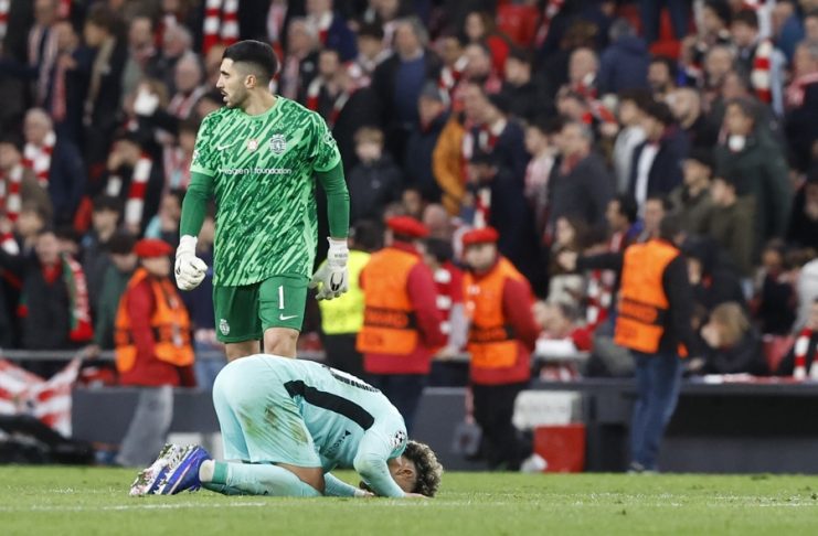 Sporting's Maximiliano Araujo says a prayer during the UEFA Champions League match of Athletic Club against Sporting CP, in Bilbao, Spain, 28 January 2026. EFE/EPA/Miguel Tona