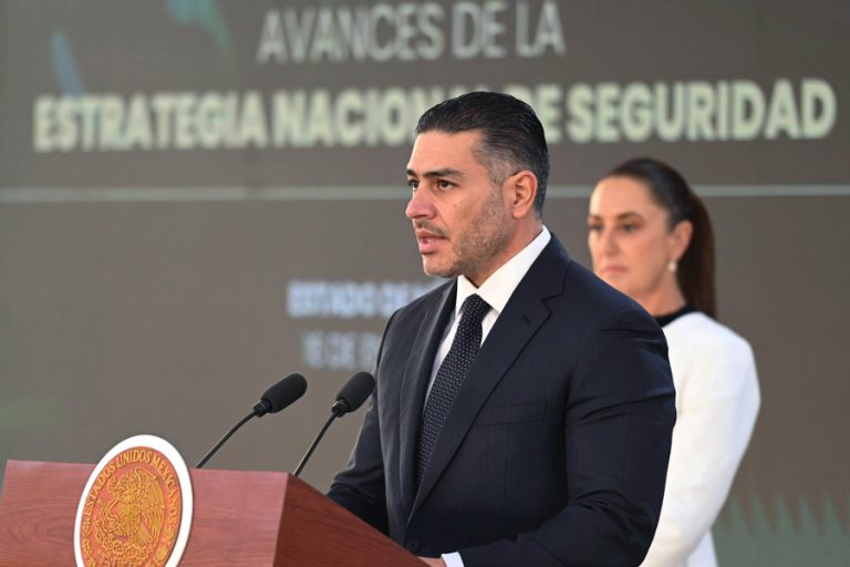 The photograph, courtesy of the Mexican Presidency, shows Secretary of Security and Citizen Protection Omar García Harfuch speaking at a press conference on Friday in Ecatepec, Mexico. Jan. 16, 2026. EFE/ Presidency of Mexico
