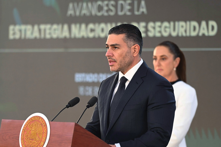 The photograph, courtesy of the Mexican Presidency, shows Secretary of Security and Citizen Protection Omar García Harfuch speaking at a press conference on Friday in Ecatepec, Mexico. Jan. 16, 2026. EFE/ Presidency of Mexico