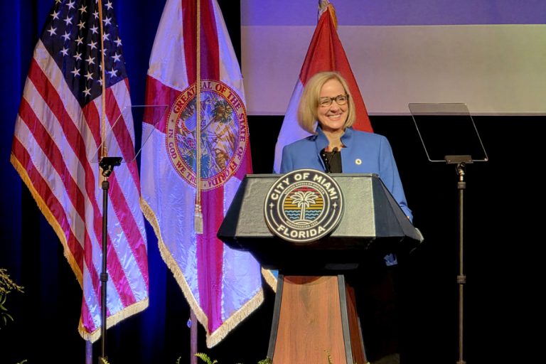 (FILE). Eileen Higgins, the mayor-elect of Miami, speaks during her swearing-in ceremony at Miami-Dade College in Miami, Florida, on Thursday. Dec. 18, 2025. EFE/ Alberto Boal