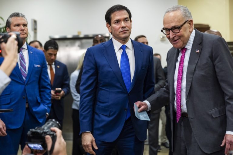 US Secretary of State Marco Rubio (C) chats briefly with Senate Minority Leader Chuck Schumer (R) after briefing US Senators about the capture of Venezuelan President Nicolas Maduro in the US Capitol in Washington, DC, USA, 07 January 2026. EFE-EPA/JIM LO SCALZO/FILE