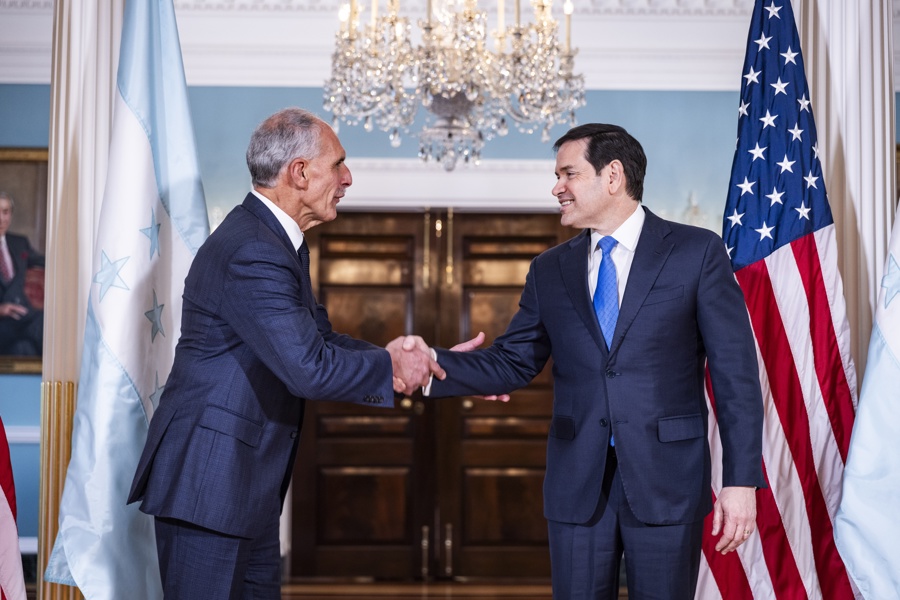 US Secretary of State Marco Rubio (R) shakes hands with Honduran President-Elect Nasry Asfura (L) during a photo op ahead of their meeting at the State Department in Washington, DC, USA, 12 January 2026. EFE-EPA/JIM LO SCALZO