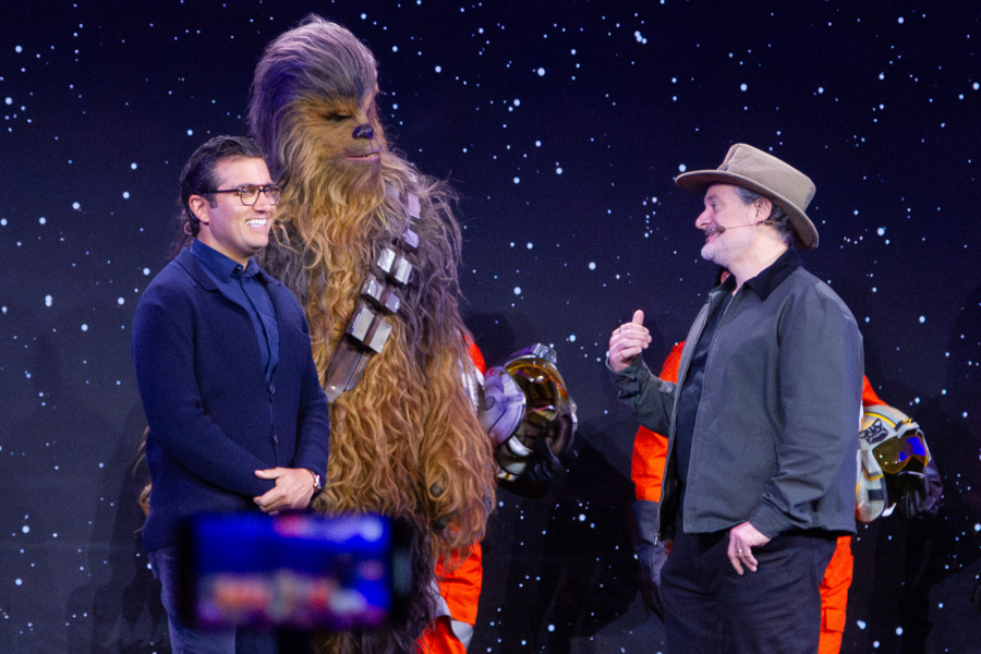Walt Disney Company Brand Director Asad Ayaz (L) and Lucasfilm Chief Creative Officer Dave Filoni participate in the presentation of the 2026 Consumer Electronics Show (CES) in Las Vegas, USA, 05 January 2026. EFE/ Luis Chacon