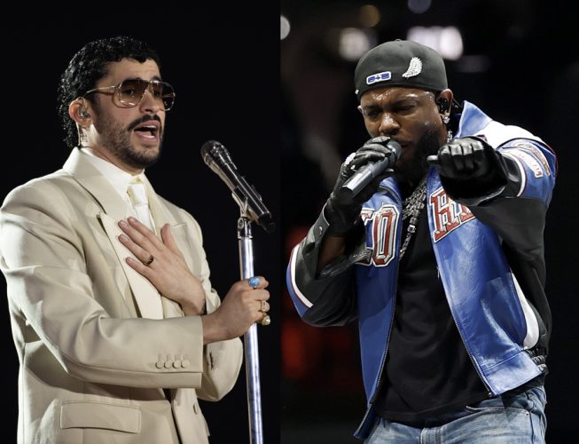 (FILE). A combination of archival photographs of singers Bad Bunny and Kendrick Lamar. Nov. 21, 2025. EFE/ Orlando Barría / Erik S. Lesser / ARCHIVO