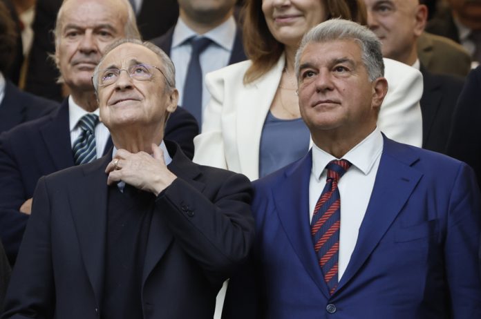 [FILE] A fIle photo shows Real Madrid president Florentino Pérez and Barcelona president Joan Laporta during the match between Real Madrid and FC Barcelona on matchday 10 of LaLiga EA Sports, played at the Santiago Bernabéu stadium. EFE/Sergio Perez