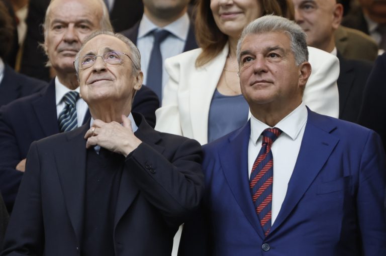 [FILE] A fIle photo shows Real Madrid president Florentino Pérez and Barcelona president Joan Laporta during the match between Real Madrid and FC Barcelona on matchday 10 of LaLiga EA Sports, played at the Santiago Bernabéu stadium. EFE/Sergio Perez