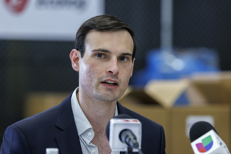 (FILE). Jeremy Lewin, Acting US Under Secretary of State for Foreign Assistance, Humanitarian Affairs and Religious Freedom, speaks to the media during the packing of initial relief supplies for Cuba at the Ecolog warehouse in Weston, Florida, US. Jan. 14, 2026. EFE/EPA/CRISTOBAL HERRERA-ULASHKEVICH