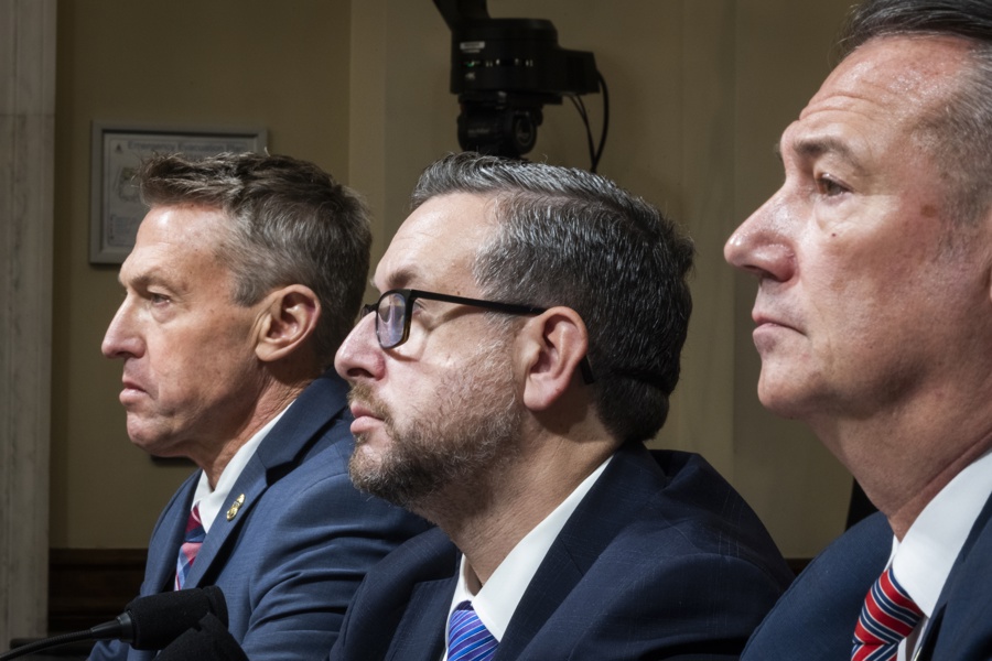 Acting Director of US Immigration and Customs Enforcement (ICE) Ted Lyons (R), Director of US Citizenship and Immigration Services (USCIS) Joseph Edlow (C), and Commissioner of US Customs and Border Protection (CBP) Rodney Scott (L) attend an oversight hearing of the Department of Homeland Security in the Cannon House Office Building in Washington, DC, USA, 10 February 2026.. EFE/EPA/JIM LO SCALZO