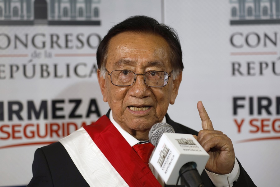 Peru's new interim president, Jose Maria Balcazar, speaks at a press conference in Lima, Peru, 18 February 2026. EFE/EPA/STRINGER