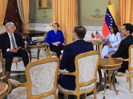 Photo provided by Miraflores Palace of Venezuela's interim president, Delcy Rodríguez (second from right), meeting with the U.S. chargé d'affaires in Venezuela, Laura Dogu (center), and members of the U.S. Senate Foreign Relations Committee as part of the "peace dialogue" between the two countries, March 19 in Caracas, Venezuela. EFE/Miraflores Palace