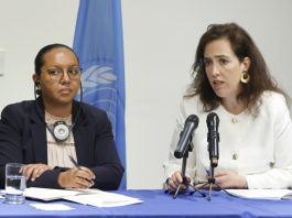 Colombian Mercenaries! Michelle Small (left), chair of the Working Group on the Use of Mercenaries, and group member Joana de Deus Pereira speak during a press conference on Friday, March 27, 2026, in Bogotá, Colombia. EFE/Mauricio Dueñas Castañeda