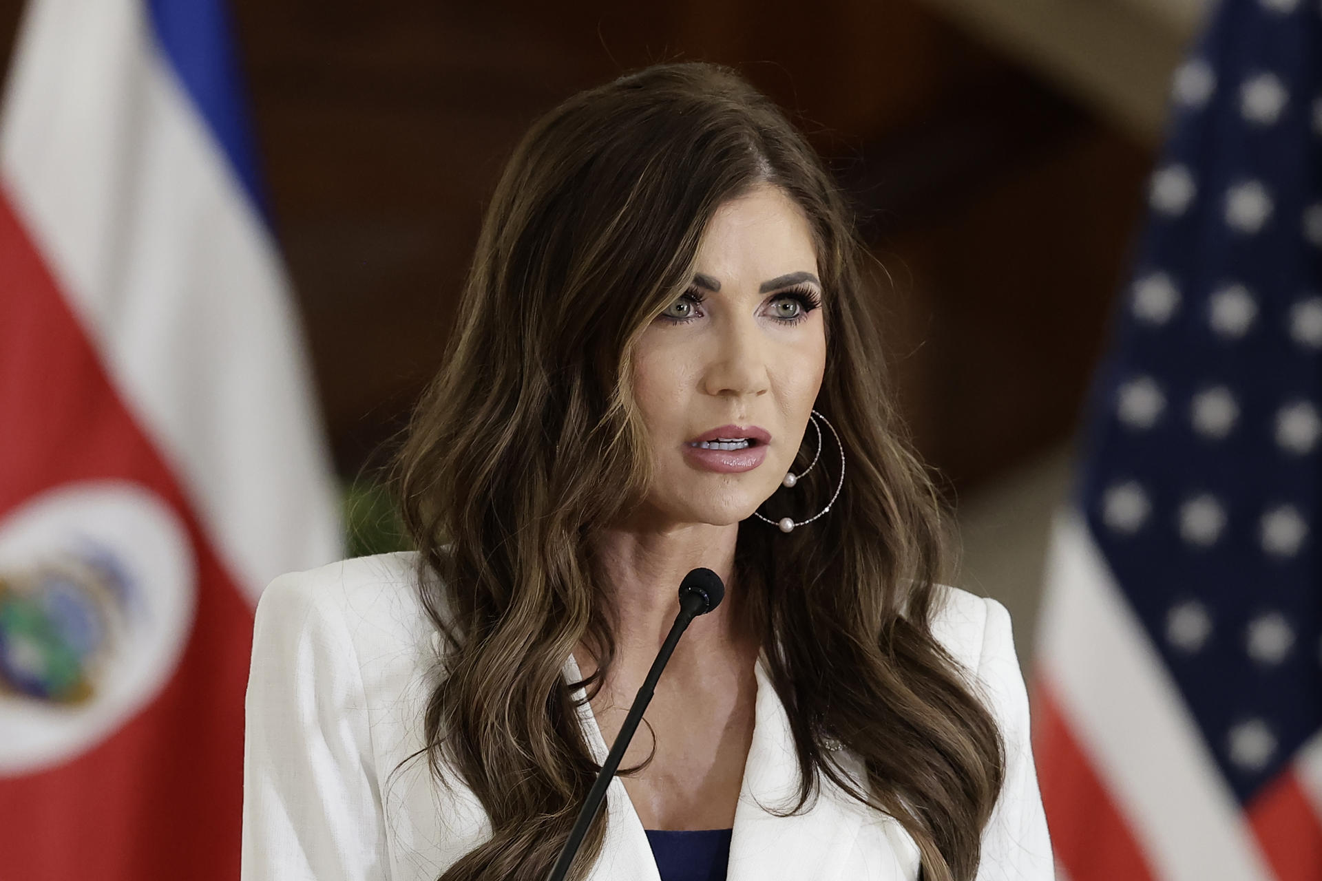 (FILE)- US Secretary of Homeland Security Kristi Noem speaks during an official visit on June 25,2025 in San José, Costa Rica. EFE/Jeffrey Arguedas