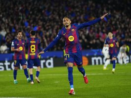 Champions League’s latest round! Barcelona striker Raphinha celebrates after scoring during the Champions League round of 16 second leg match between Barcelona and Newcastle at Camp Nou, Barcelona, Spain, 18 March 2026. EFE/ Alejandro Garcia