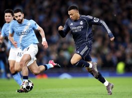 UEFA Champions League quarter-finals! Rayan Aït-Nouri (L) of Manchester City in action against Kylian Mbappe of Real Madrid during the UEFA Champions League Round of 16 2nd leg match between Manchester City and Real Madrid in Manchester, Great Britain, 17 March 2026. EFE/EPA/ADAM VAUGHAN
