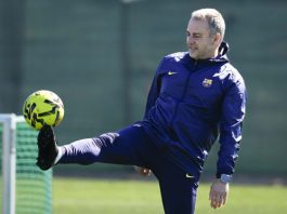 German coach Hansi Flick during FC Barcelona's first team training session at the Joan Gamper Training Ground on Friday. EFE/Enric Fontcuberta