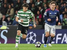 Champions League 1st leg quarterfinals! Sporting player Maxi Araujo (L) in action against Arsenal player Max Dowman during the UEFA Champions League quarter-final first leg soccer match between Sporting CP and Arsenal FC at Jose Alvalade Stadium in Lisbon, Portugal. Apr. 07, 2026. EFE/EPA/MANUEL DE ALMEIDA