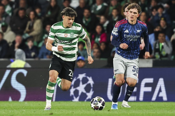 Sporting player Maxi Araujo (L) in action against Arsenal player Max Dowman during the UEFA Champions League quarter-final first leg soccer match between Sporting CP and Arsenal FC at Jose Alvalade Stadium in Lisbon, Portugal. Apr. 07, 2026. EFE/EPA/MANUEL DE ALMEIDA