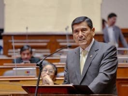 (FILE). A photo, courtesy of the Office of the President of the Council of Ministers of Peru, shows Prime Minister Luis Arroyo, a retired military officer, speaking during a congressional session on Thursday in Lima, Peru. Apr. 16, 2026. EFE/ Juanpa Azabache / Office of the President of the Council of Ministers of Peru.