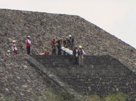 Police officers and forensic experts work in the area where a shooting attack was reported at the Teotihuacán archaeological zone, Mexico, 20 April 2026. EFE/EPA/Madla Hartz