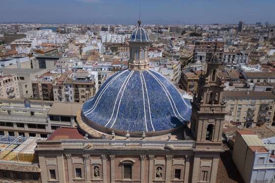 - General view of the dome of the Piarist Schools Church, winner of the Europa Nostra Awards, after a complex restoration involving more than 35,000 tiles, scaffolding designed to avoid disturbing the original structure, and work at a height of over 40 meters to restore one of the largest domes in Spain. EFE/Biel Aliño