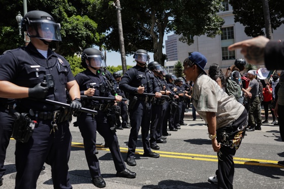 Activists face off with Los Angeles Police Department officers during a May Day rally near City Hall in downtown Los Angeles, California, US. May 01, 2026. EFE/EPA/CHRIS TORRES