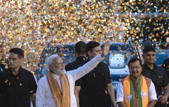 Bharatiya Janata Party (BJP) leader and Indian Prime Minister Narendra Modi (C) and BJP President Nitin Nabin (R) arrive at the party headquarters to deliver a victory speech, in New Delhi, India, 04 May 2026. EFE-EPA/RAJAT GUPTA