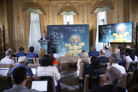 - The Colombian ambassador to Spain, Eduardo Ávila Navarrete, speaks during the presentation of the upcoming international exhibition at the Archaeological Museum of Alicante, "Gold and the Universe: Indigenous Knowledge of Colombia," from the Gold Museum of the Bank of the Republic of Colombia, this Wednesday at the Casa de América headquarters in Madrid. EFE/David Fernández