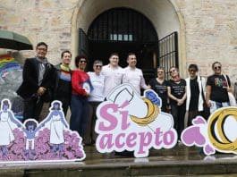 The director of the National Museum, Katia Gonzalez, poses with members of the LGBTIQ community during an event in Bogota, Colombia, 28 June 2026. EFE/Carlos Ortega
