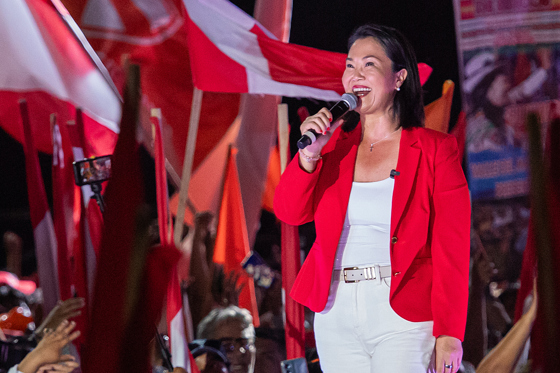 Right-wing Peru presidential election candidate Keiko Fujimori speaks during her campaign closing rally in Lima, Peru on June 4, 2026. EFE/Renato Pajuelo
