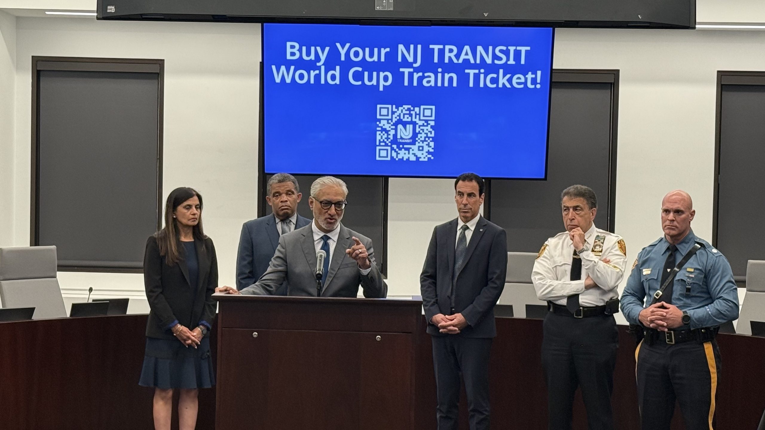 Newark, NJ.- @NJTransit Press Conference.-Photo by Oscar Alberto Quintana (l-R) Priya Jain, NJ DOT Commissioner; Lance Norman. NJTransit Senior VP Bus Operations; Kris Kolluri, NJ TRANSIT President & CEO; James Sincaglia, NJTRANSIT senior VP Rail Operations; Christopher Trucillo, Chief of Police & Office of Emergency Management and NJ State Police Lt. Colonel David Sierotowicz.