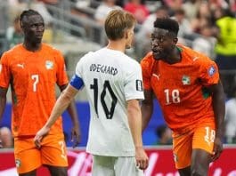 Dallas, Texas, 06/30/2026.- Ibrahim Sangare (R) of Ivory Coast and Martin Odegaard of Norway react during the FIFA World Cup 2026 Round of 32 match Ivory Coast against Norway, in Dallas. EFE/EPA/JEFFREY MCWHORTER