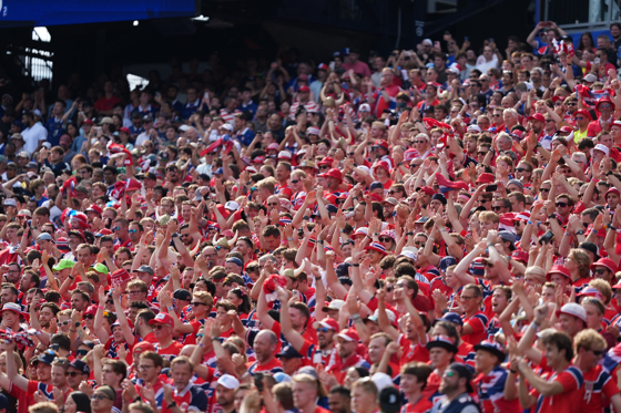 Norwegian fans cheer on their team in a Group I match of the 2026 FIFA World Cup between Norway and France at Gillette Stadium in Foxborough, United States 26 June 2026. EFE/ Octavio Guzman
