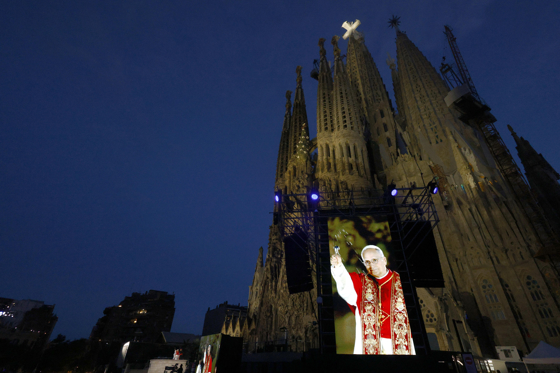 Pope Leo XIV blesses the Torre de Jesús by sprinkling holy water with a hyssop branch following Mass celebrated at the Sagrada Familia on Wednesday in Barcelona as part of the Popes official visit to Spain on June 12, 2026. EFE/Quique García