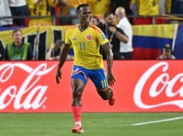 Jhon Arias of Colombia celebrates scoring the 1-0 goal during the FIFA World Cup 2026 Round of 32 match Colombia against Ghana, in Kansas City, Missouri, USA, 03 July 2026. EFE/EPA/AMY KONTRAS