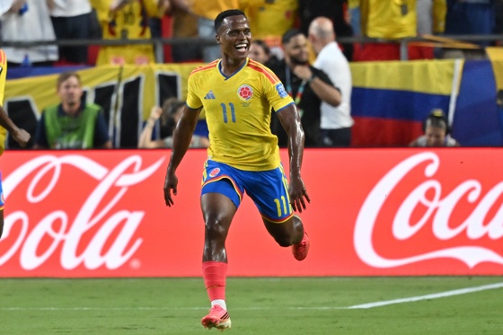 Jhon Arias of Colombia celebrates scoring the 1-0 goal during the FIFA World Cup 2026 Round of 32 match Colombia against Ghana, in Kansas City, Missouri, USA, 03 July 2026. EFE/EPA/AMY KONTRAS