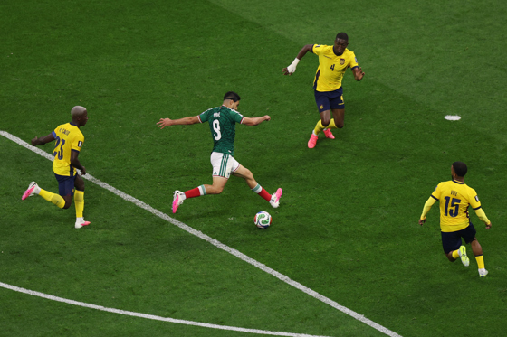 Raúl Jiménez (c) of Mexico scores a goal during the FIFA World Cup 2026 Round of 32 match Mexico against Ecuador in Mexico City, Mexico, June 30, 2026. EFE/ Isaac Esquivel