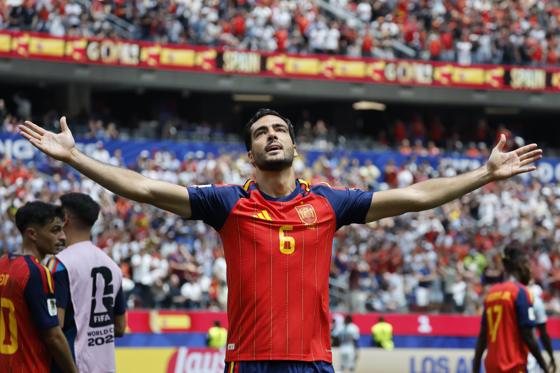 Mikel Merino of Spain celebrates in a 2026 FIFA World Cup quarterfinal match between Spain and Belgium at SoFi Stadium in Los Angeles, USA, 10 July 2026. EFE/ Lavandeira Jr