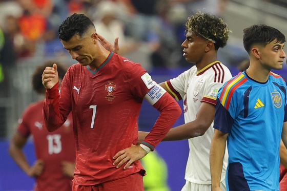 Cristiano Ronaldo (L) of Portugal reacts after their defeat in the FIFA World Cup 2026 Round of 16 match Portugal against Spain, in Dallas, US, 06 July 2026. (España) EFE/EPA/CHRISTOPHER NEUNDORF