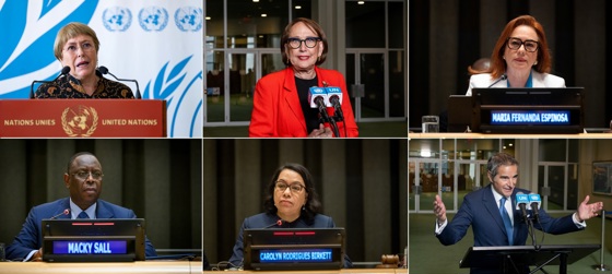 A composite photograph provided by the UN shows the six candidates for Secretary-General of the United Nations (from left to right - top to bottom): Michelle Bachelet of Chile, Rebeca Grynspan of Costa Rica, María Fernanda Espinosa of Ecuador, Macky Sall of Senegal, Carolyn Rodrigues-Birkett of Guyana, and Rafael Grossi of Argentina. EFE/UN