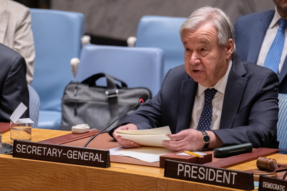 A photograph provided by the UN shows Secretary-General António Guterres speaking during the Security Council meeting this Thursday at the organization's headquarters in New York (USA). EFE/Manuel Elías - UN