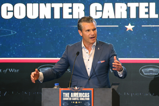 US Secretary of War Pete Hegseth speaks at the meeting of the Coalition Against the Cartels of the Americas (A3C), which brings together security force chiefs from nineteen countries in Panama City, Panama. Aug. 12, 2026. EFE/ Carlos Lemos