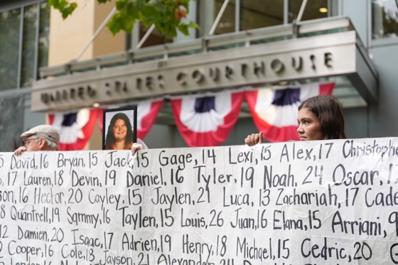 Protesters and campaigners gather for the landmark federal trial against Meta Platforms, the parent company of Facebook and Instagram, at the U.S. District Court in Oakland, California, USA, 18 August 2026. EFE/EPA/KANOA SHIM-LY