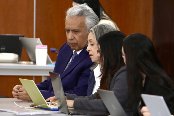 Former Ecuadorian President Lenin Moreno (L) attends the hearing in which his sentence will be handed down in the so-called Sinohydro case, in Quito, Ecuador, 28 august 2026. EFE/ Gianna Benalcazar Manzano