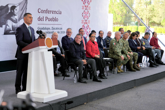 Photo courtesy of the Office of the President of Mexico showing Secretary of Security and Citizen Protection Omar García Harfuch speaking at a press conference on Friday in Guadalupe, Zacatecas, Mexico. Sep. 04, 2026. EFE/Office of the President of Mexico