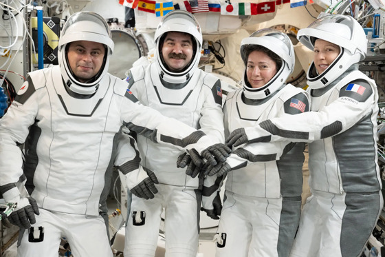 Photo provided by NASA showing the members of the SpaceX Crew-12 mission: Roscosmos cosmonaut and mission specialist Andrey Fedyaev (left); NASA astronaut Jack Hathaway (center); Crew-12 pilot and commander Jessica Meir (right); and European Space Agency (ESA) astronaut and mission specialist Sophie Adenot, posing in the pressure suits they will wear when they depart the International Space Station aboard the SpaceX Dragon spacecraft. EFE/Anil Menon