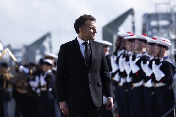 (FILE) French President Emmanuel Macron reviews the troops during his visit to the nuclear submarine navy base of Ile Longue in Crozon, France, 02 March 2026. EFE/EPA/YOAN VALAT/POOL